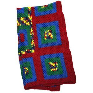 Vintage Granny Squares Geometric Handmade Afghan 86" x 46" Red, Green, Blue, Yel